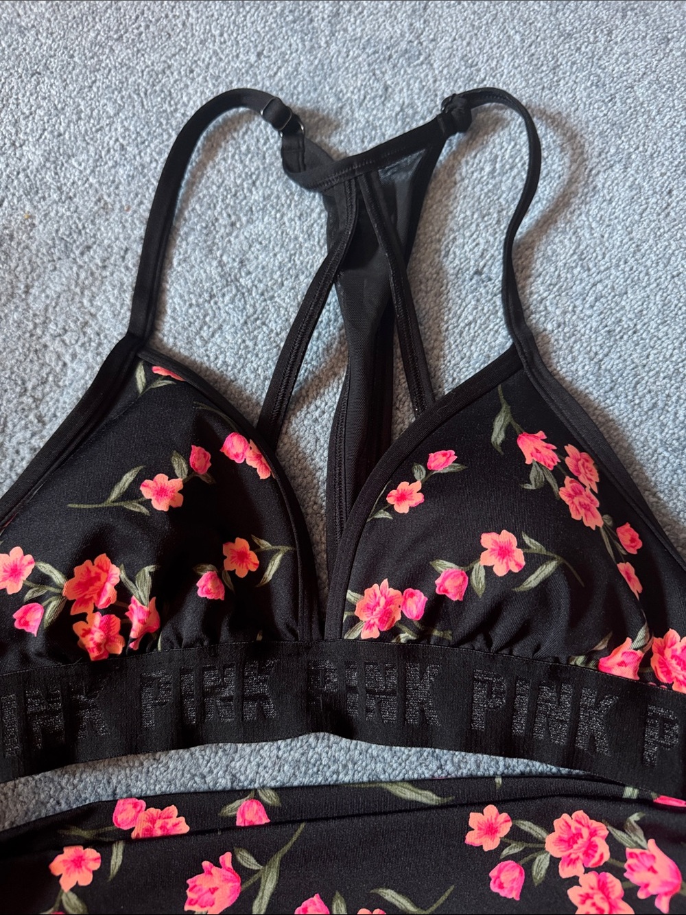 Victoria Secret-Black Floral Bralette/High-Waist Shorts Set - Pink Blossoms - Picture 2 of 5